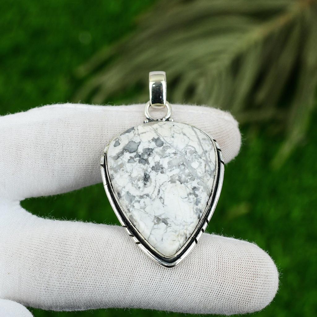 Pear Howlite Gemstone Crown Chakra Bezel Wife Ethnic Birthday Pendant 925 Silver