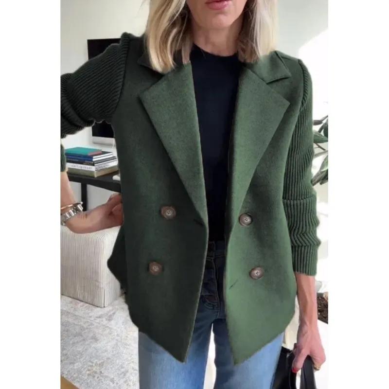 Fall Suit Collar Casual Coat Women Knitted Long Sleeve Tweed Office Jacket Blend Wool Coat Double Breasted Blazer Female Lapel