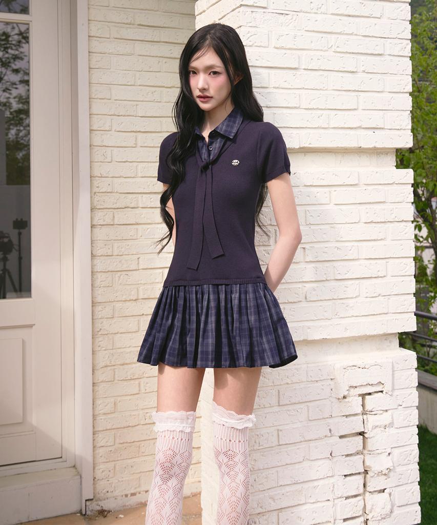 The Green Lab Girlish Check Layered Dress [Navy]