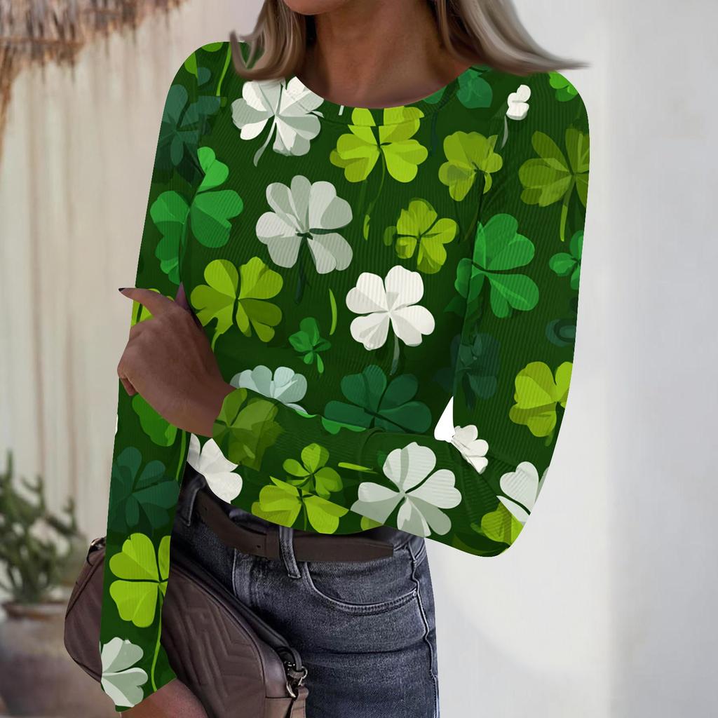 Women's Casual Fashion Round Neck St. Patrick's Day Print Long Sleeve Ribbed Top