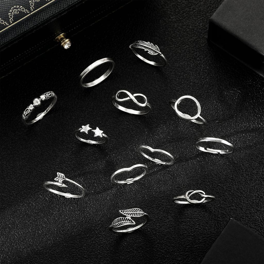 Bague Combinaison Promotionnelle, Ensemble de 12 Pièces de Bijoux Personnalisés Symbole Plume Feuille Étoile Infini.
