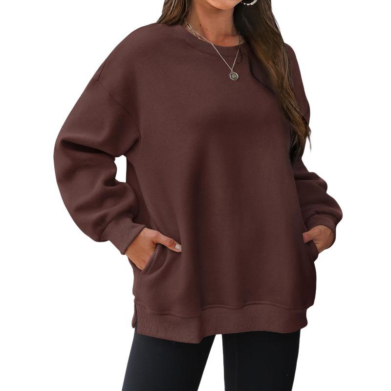 Fleece thickened pocket sweater women, loose round neck clothes in autumn and winter