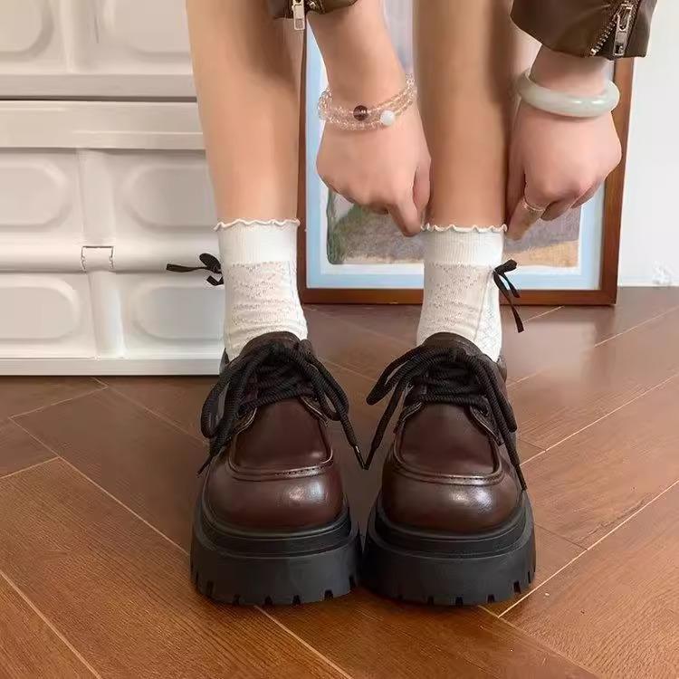 Black thick-soled lace-up small leather shoes for women's 2025 spring and autumn new British style versatile height-increasing round head muffin sin