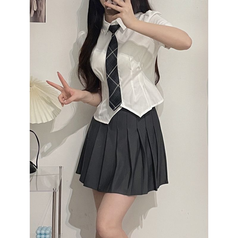 

Waist-Tight Sexy Long Sleeves Fall Slim Fit White JK Uniform White Short Sleeve Shirt M