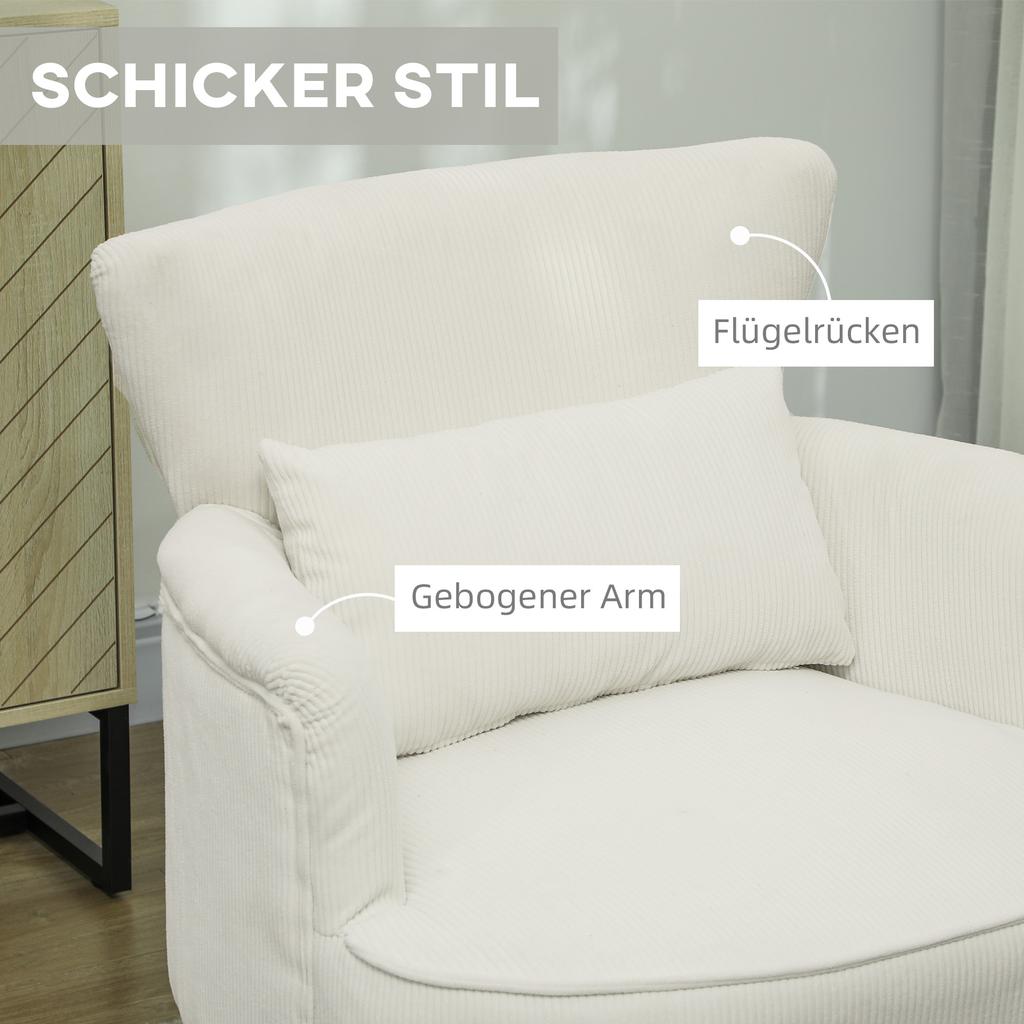 Modern Armchair, Upholstered Accent Chair with Lumbar Cushion, Rubberwood Legs, Cream White