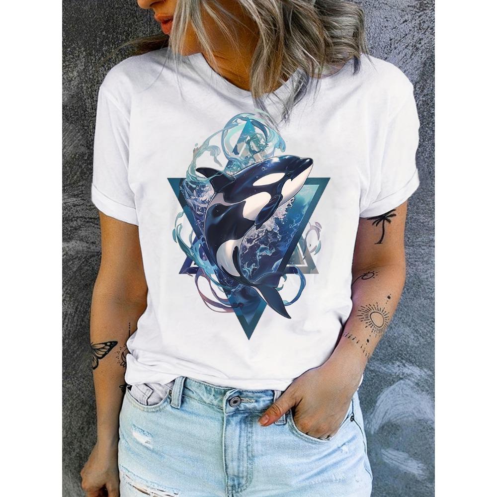 Watercolor Flower Whale Print Women Casual T-Shirt Blue Ocean Animal Graphic Short Sleeve Tee for Daily Use