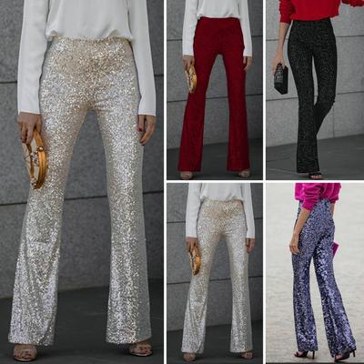 Women Elastic High Waist Flared Pants Sequins Decor Slim Fit Long Trousers High Street Long