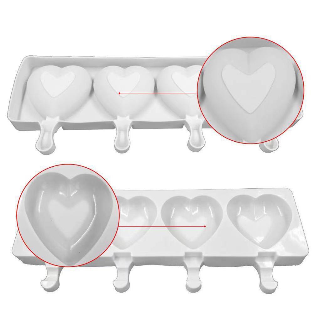 4 Cavities Ice Cream Molds 3D Heart Shape Popsicle Mold Silicone Mold for DIY Ice Cream Puree Yogurt