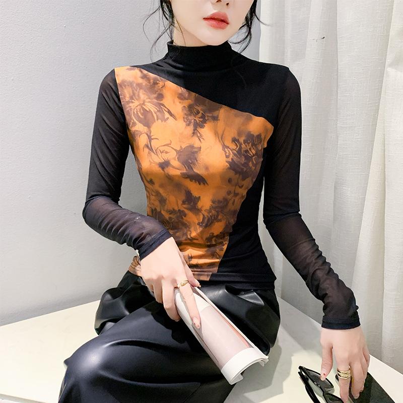 

Футболка в корейском стиле с принтом для женщин, с длинными рукавами, зимняя, новая, с полувысоким воротом, сетчатая рубашка, облегающая 4XL