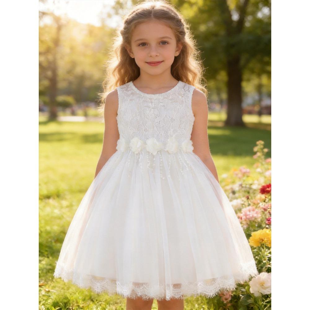 Girls' White Lace Mesh Princess Dress Sleeveless Round Neck Beaded Flower Girl Skirt Children's Wedding Bridesmaid Birthday Party Performance Dress