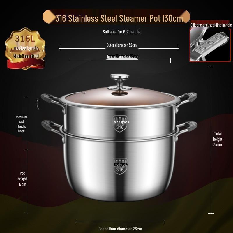 Extra Tall 316 Stainless Steel Stockpot with Anti-Overflow Lid, Large Capacity, No Coating, Perfect for Porridge, Steaming, and Stews.