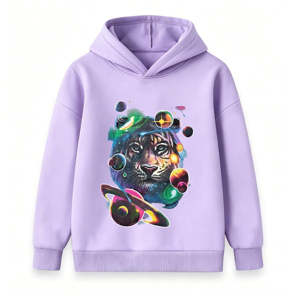 Kids Boys Girls Pullover Hoodie, Psychedelic Galaxy Tiger Print Casual Warm Long Sleeve Hooded Sweatshirt with Space Planets Pattern for Children Dail