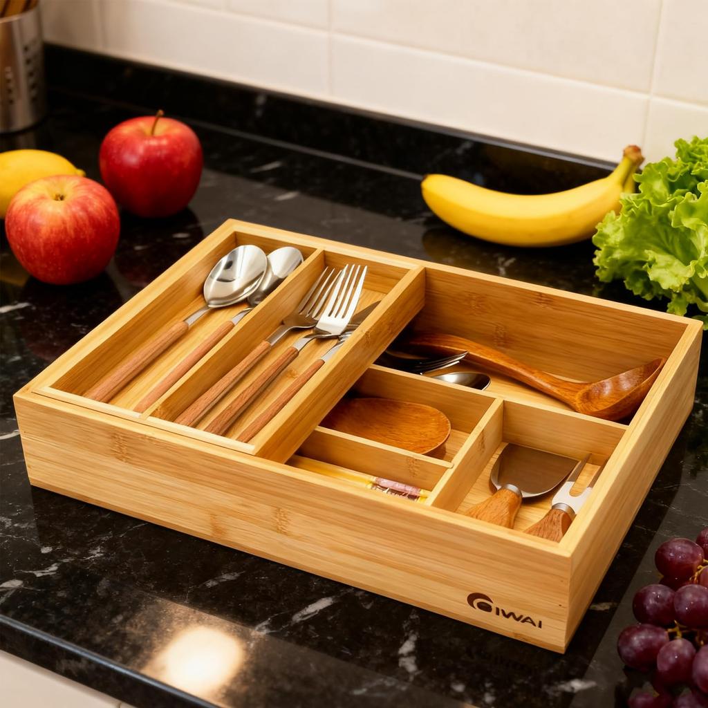 cutlery case with cutlery kitchen drawer stationery and cosmetics made of bamboo x x Two-tiered dividers, tray, storage, organizer, organizer, 2-tier