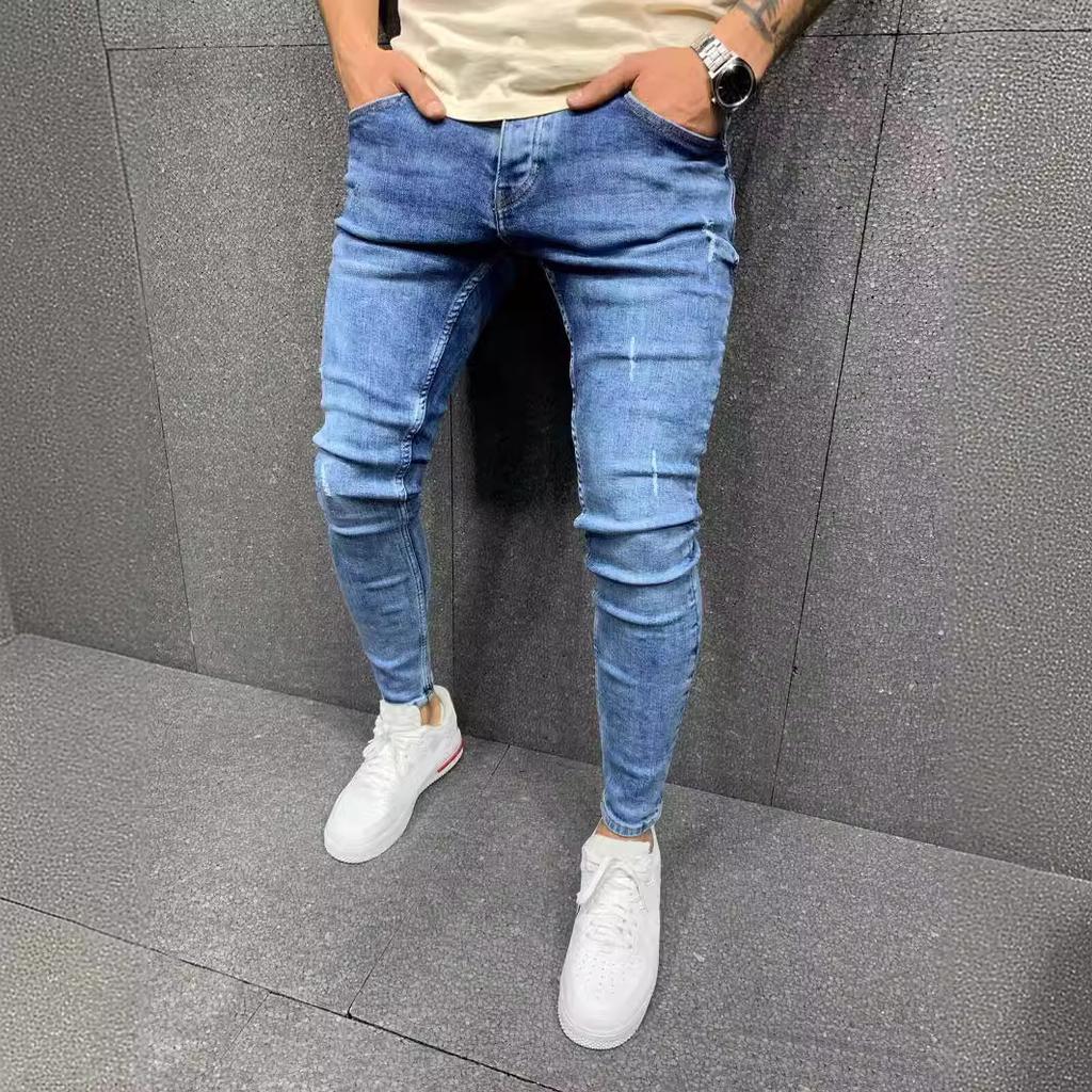 Men'S Ripped And Worn Elastic Jeans With Small Feet