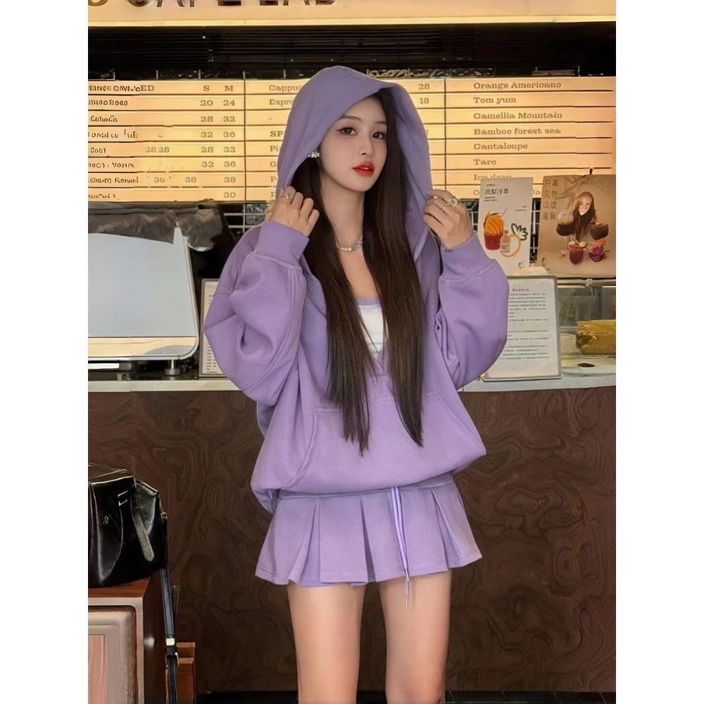 With Hat Hoodies Women Korean Fashion Pullover Solid Simple Leisure All-match High Street Loose Harajuku College Prevalent Ins Women Suit