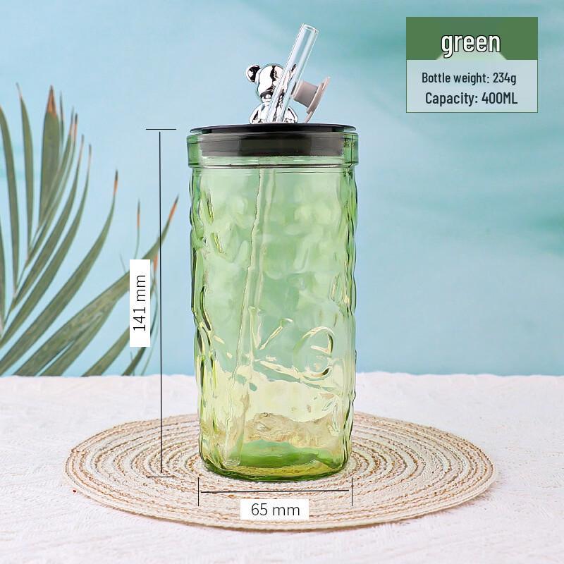 OLOEY Diamond Bear Glass Tumbler with Lid and Straw
