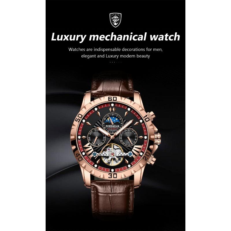 POEDAGAR Luxury Automatic Wristwatch Waterproof Luminous Date Week Leather Men Watch Tourbillon Mechanical Fashion Watches