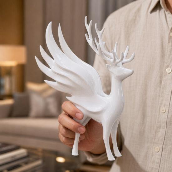 Geweih Hirsch Dekor Weihnachten Elch Statue mit Flügeln, 3D Gedruckte Rentier Figur, Moderne Skulptur für Wohnzimmer Stehender Esstisch, Kamin,