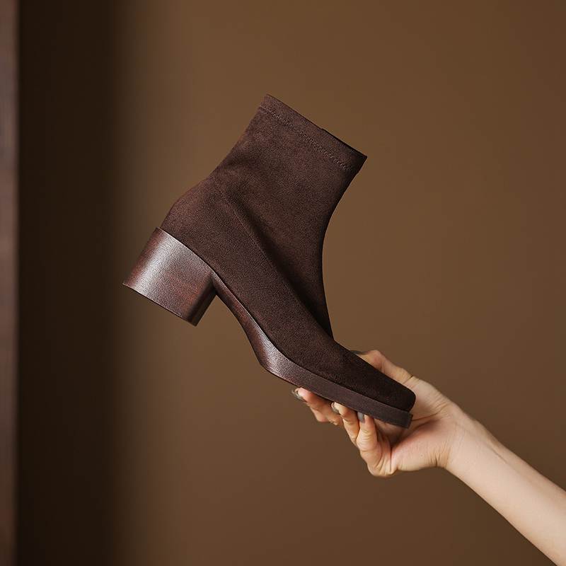 Krazing Pot Flock Round Toe Thick High Heels Chelsea Boots Zip Women Concise Style Ankle Boots