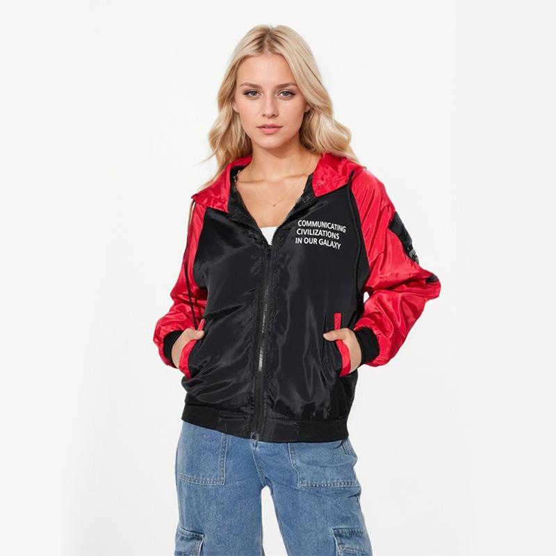 Women's Letter Printed Color Blocking Loose Hooded Long Sleeve Jacket