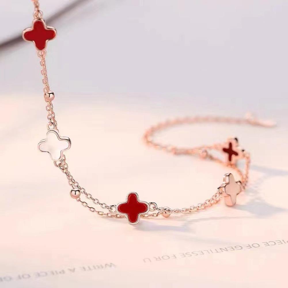 Four Leaf Clover Double Layer Bracelet Girls Five Flower Bracelet Boudoir Light Luxury Hand Jewelry Ins Bracelet