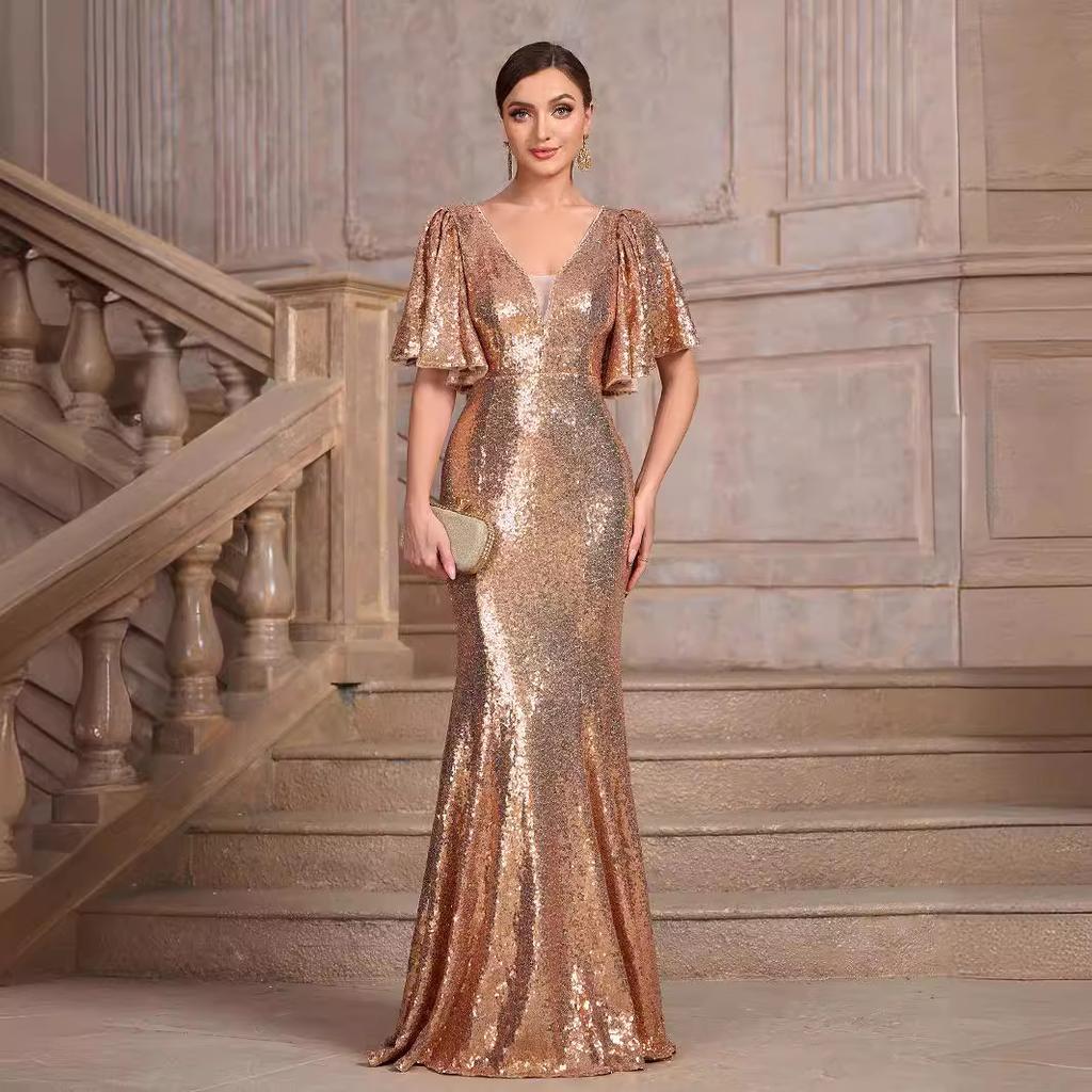 New V-neck mid-sleeved solid color summer sequins elegant slim-fitting fishtail skirt women's evening dress