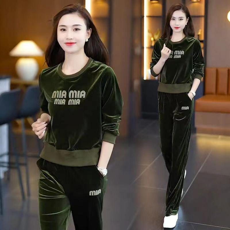 

Spring Fall Loose Casual Velvet Set round Neck Sweater Slimming Sportswear Women s Outfit Comfortable Two Piece Set 4XL зелений