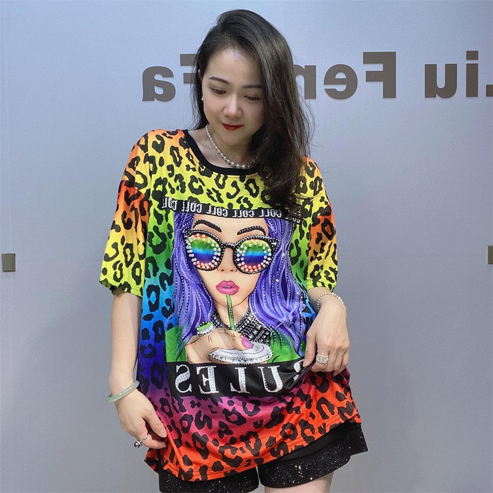 Fashion Leopard Print T Shirts Women Summer Clothes Casual Character Pattern Diamonds Beading Short Sleeve Tops