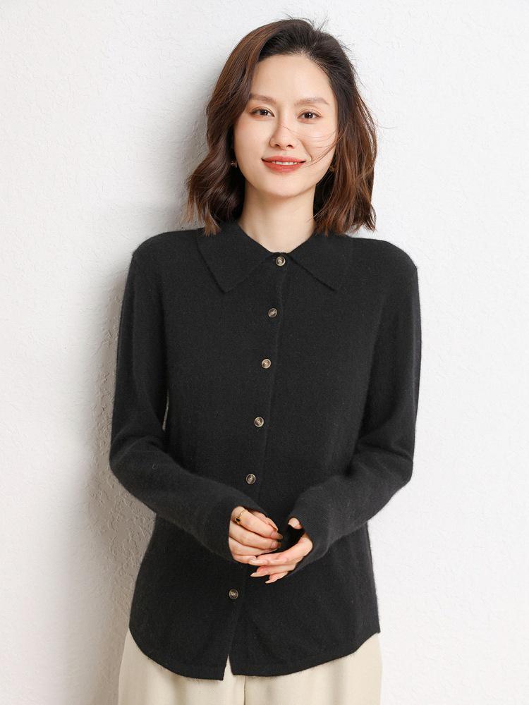 Women's POLO Collar Cashmere Knit Cardigan - 2026 Autumn/Winter Collection, Gentle Style, Solid Color, Single-Breasted.