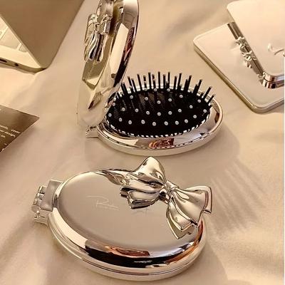 Portable Mini Bow-Shaped Hair Comb - Nylon Bristles Folding Air Cushion for Normal Hair Travel-Friendly Styling Tool with Mirror
