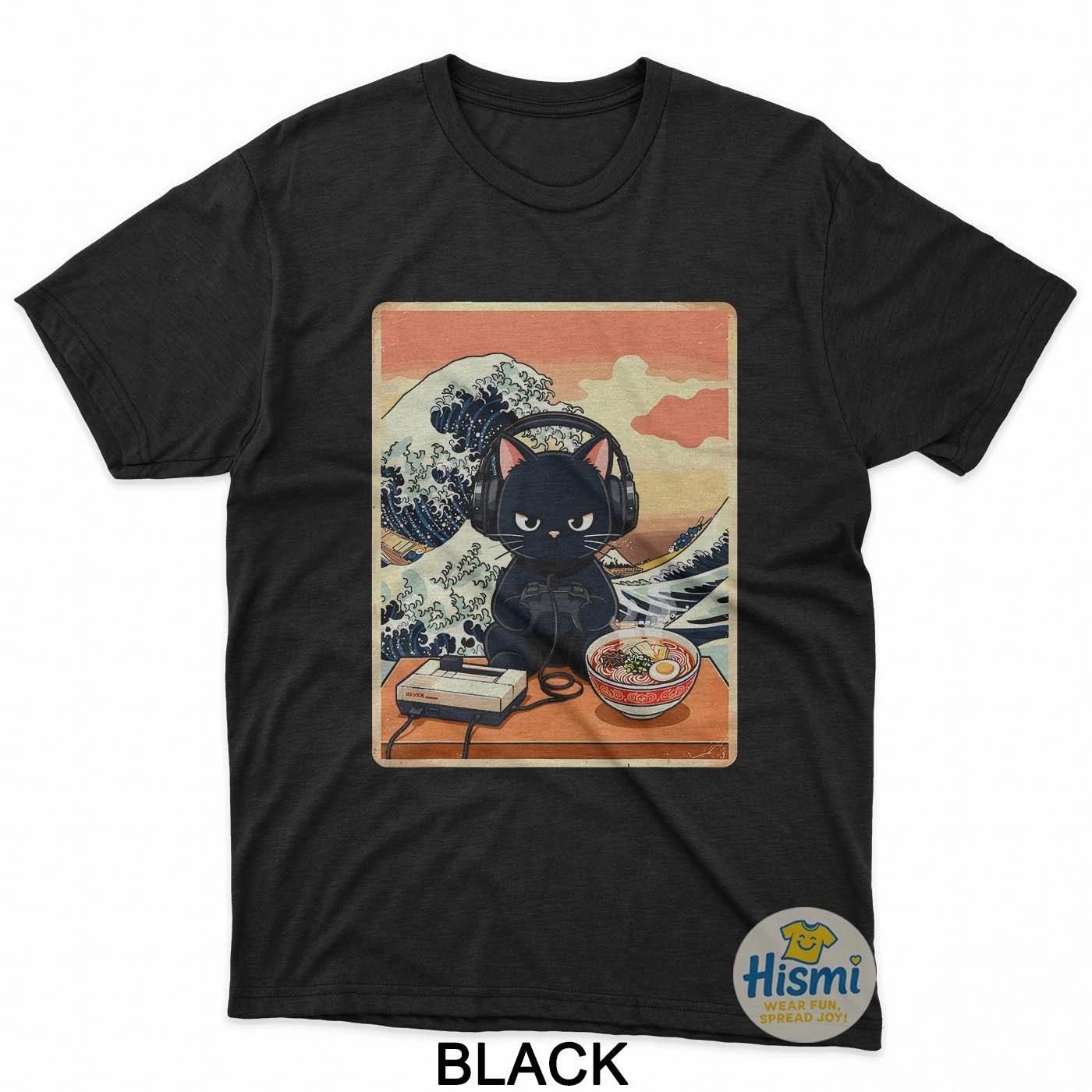 Retro Gamer Cat With Ramen Great Wave For Anime Fans T-Shirt S