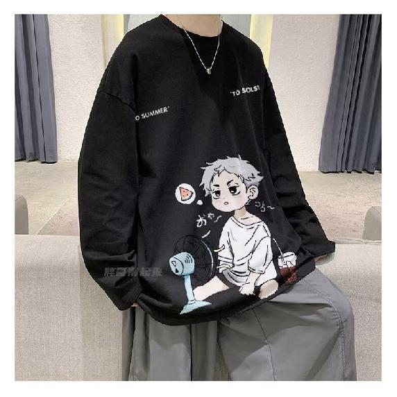 2024 Herren Langarm T-Shirt Herbst Unterhemd Langarm Baumwolle Herbst Hong Kong Stil Druck Lose Trendy Top