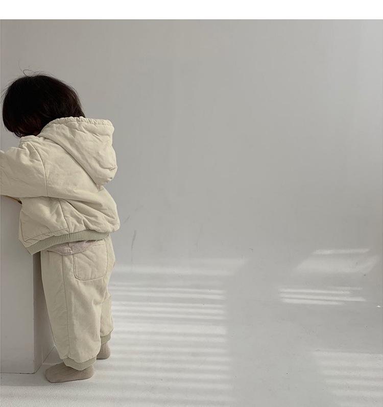 Korean Style Winter Kids' Thick Hooded Cotton Jacket & Pants Set for Girls