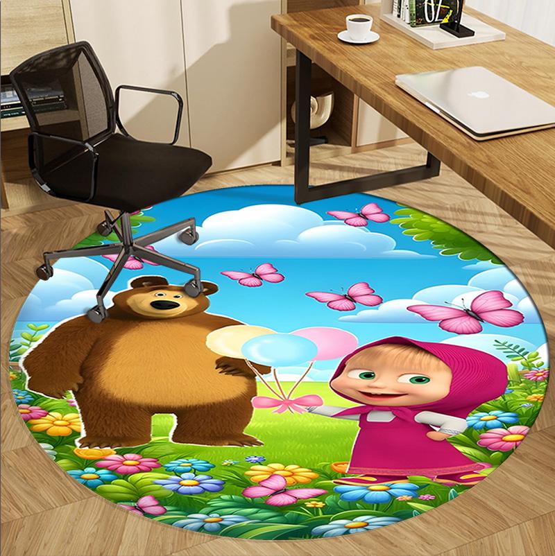 Masha and The Bear Pattern Round Rug, Indoor/Outdoor Mat, for Picnic, Gameroom, Bedroom, Office, Living Room, Home Decor Carpet, Birthday Gift