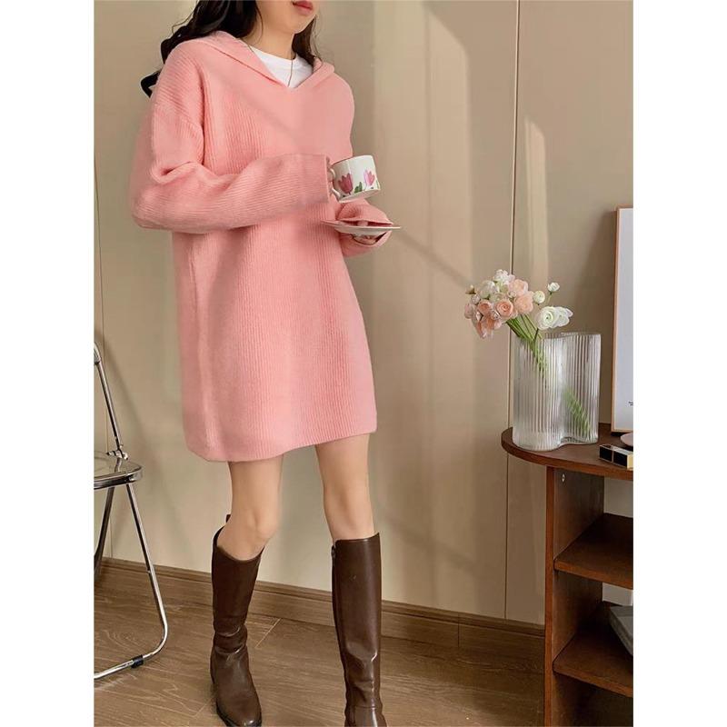 Fashion casual hooded medium and long knitted sweater top women's autumn and winter new loose lazy pullover sweater