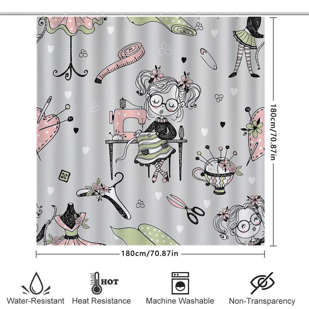 Floral Pattern Sewing Machine Cartoon Shower Curtain for Bathroom Decor White Pink Green Black Modern Kids Bath Mat Set 180x245c