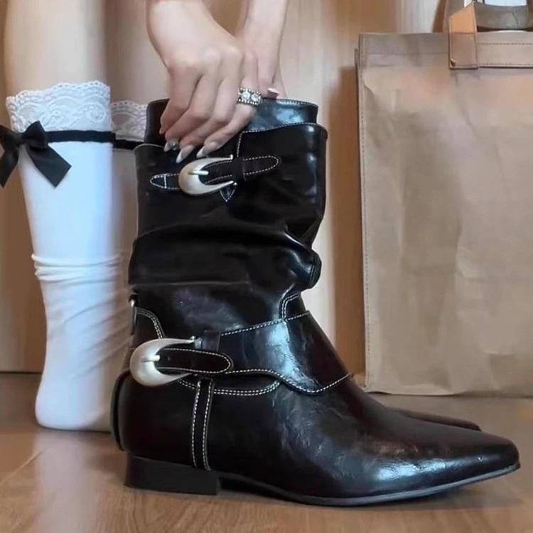 New Style Luxury Pleated Buckle Knight Boots for Women Autumn Brown Leather Mid Calf Boots Woman Slip-On Thick Heel Riding Boots