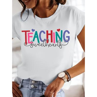 European Size Sweetheart Teacher'S Teaching Print Short Sleeve Round Neck T-shirt for Women | Casual Style, Regular Length, Spring/Summer Season
