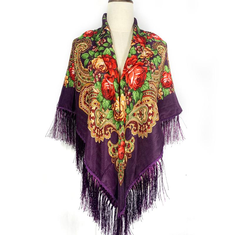 135*135Cm Women Russian Square Scarf Luxury Floral Print Bandana Scarves Babushka Handkerchief Fringed Blanket Shawl Head Wraps