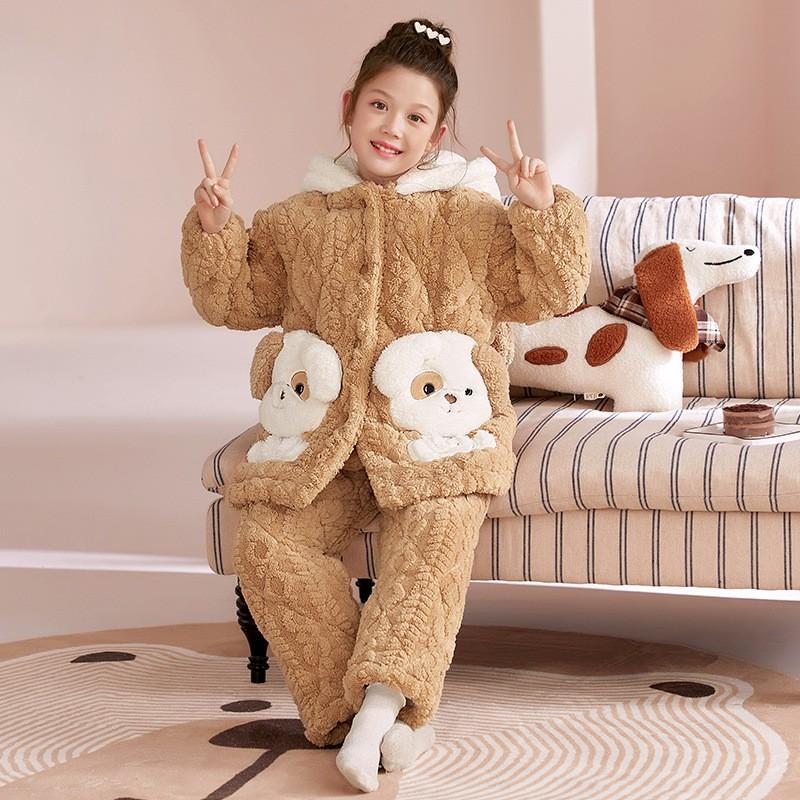 Girls Winter Warm Coral Fleece Pajama Set 3-Layer Quilted Sleepwear Cartoon Animal Print Kid Home Outfit