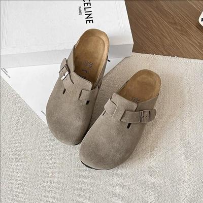 Boken 2024 Autumn Women's Genuine Leather Cork Mule Slippers: Closed-Toe Cow Suede, Flat Bottom, Outdoor Wear.