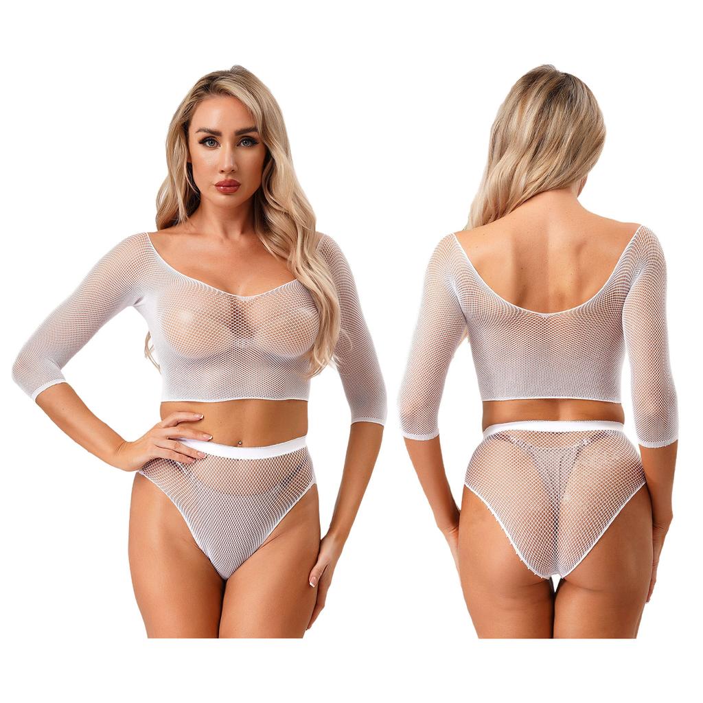 Sexy Women Lingerie Fishnet Top Briefs Set See Through Bikini Cover Couples Role Play Costume Tempting Outfit