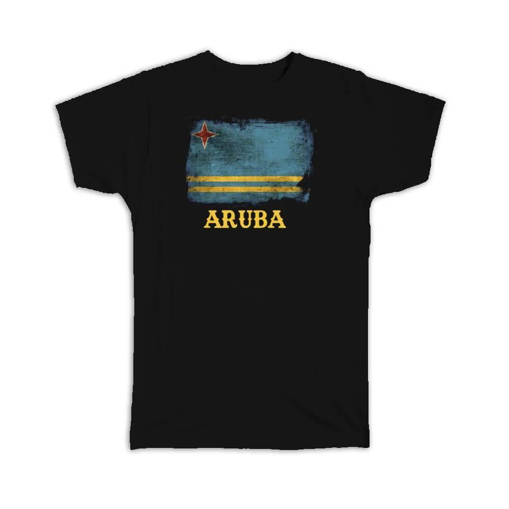 Gift T-Shirt : Aruba Flag Distressed Aruban Pride North America Country Souvenir 4XL