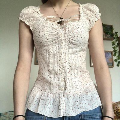 Floral Shirt Women's Summer Pleated Straps Hollow Bubble Sleeve T-shirt Button-up Cardigan