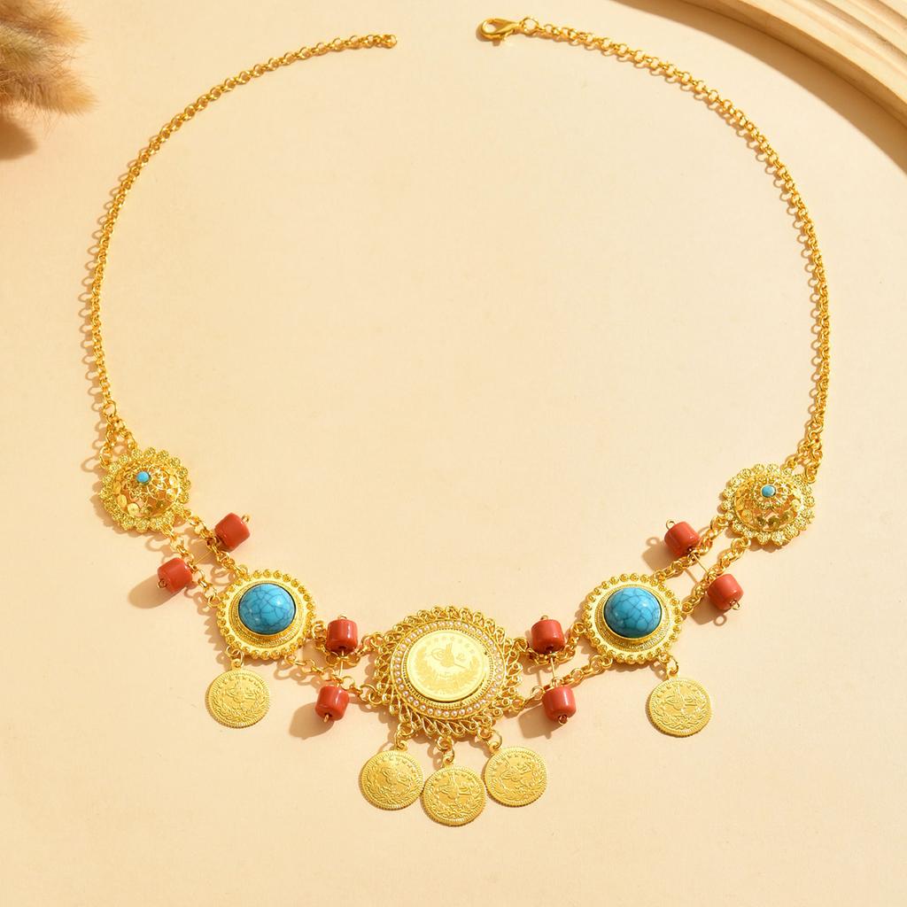 Retro Ethnic Style Metal Hollow Pendant With Colorful Matching Necklace For Celebrating Festivals And Events To Wear