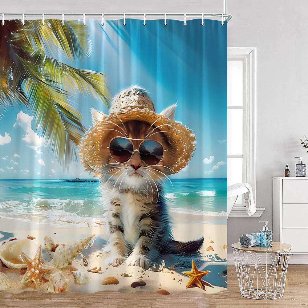 Grappige Katten Douchegordijn Katten Rijden op Haaien Cool Schattige Katten Honden Bloemen Zomer Badkamer Decoraties Polyester Badgordijn