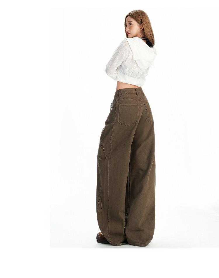 Women's Winter Brown Coffee Wide-Leg Jeans: Relaxed, Floor-Length, Slimming Fit