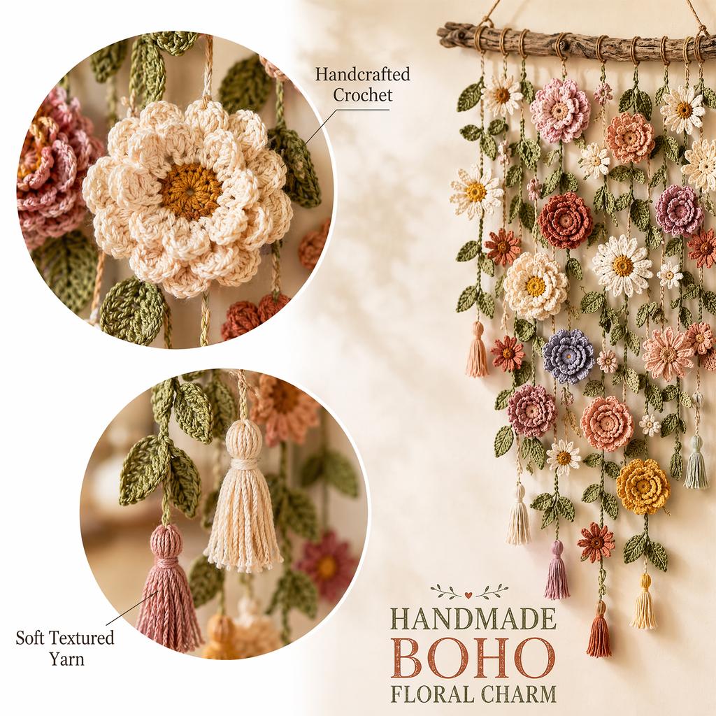Handmade Cotton Floral Crochet Macrame Hanging 31.5x19.69x0.79 Inch Boho Statement Decor Boho Farmhouse Indoor Wall Art Ornament