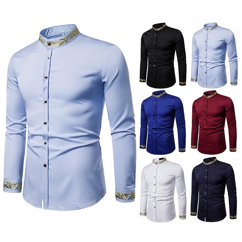 Herren Europäische Größe Besticktes Langarmhemd mit Henley-Kragen