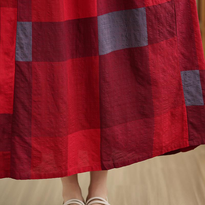 Summer 2025 Retro Cotton Linen Patchwork Dress - Women's Plus Size, Round Neck, Short Sleeve.